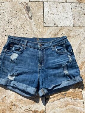 7 For All Mankind Distressed Dark Blue Denim Shorts